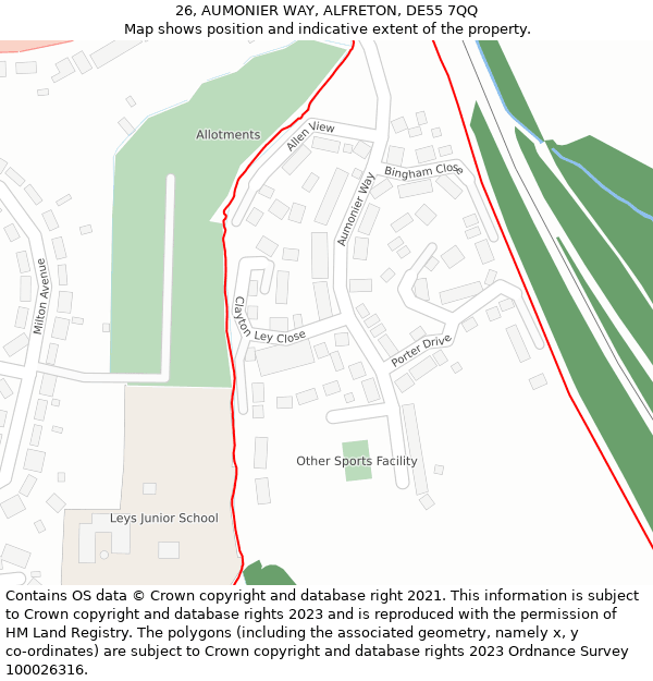 26, AUMONIER WAY, ALFRETON, DE55 7QQ: Location map and indicative extent of plot