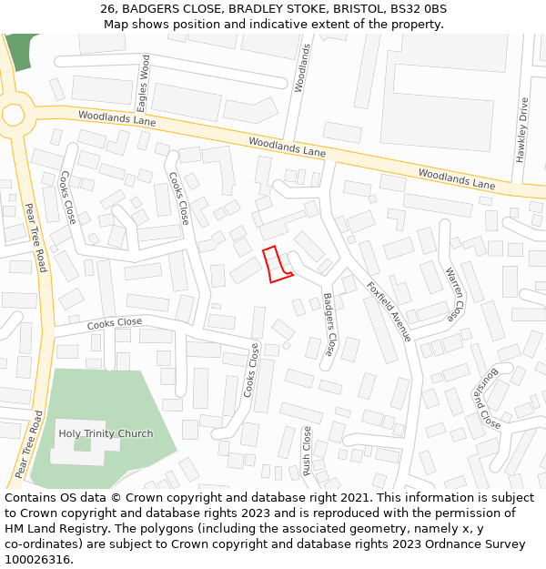 26, BADGERS CLOSE, BRADLEY STOKE, BRISTOL, BS32 0BS: Location map and indicative extent of plot