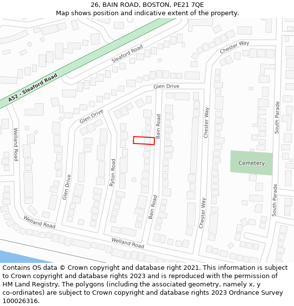 26, BAIN ROAD, BOSTON, PE21 7QE: Location map and indicative extent of plot