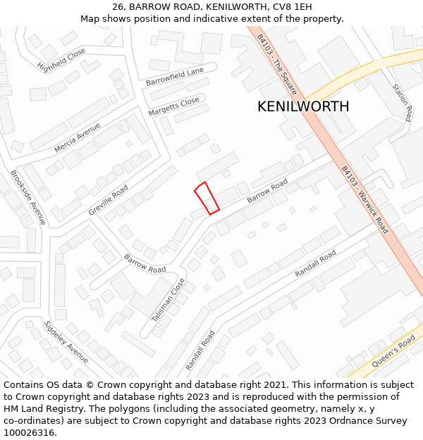 26, BARROW ROAD, KENILWORTH, CV8 1EH: Location map and indicative extent of plot