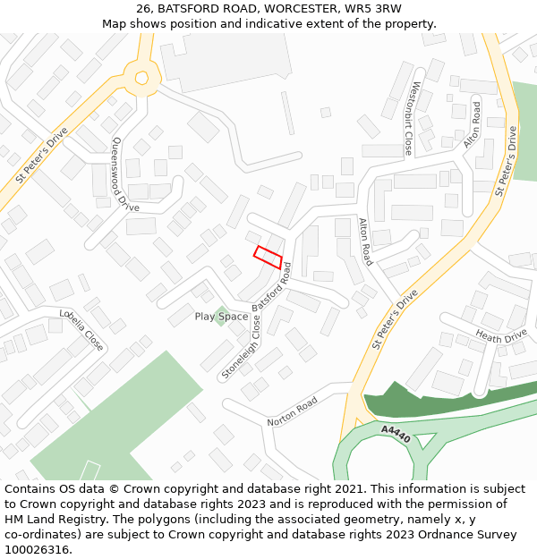 26, BATSFORD ROAD, WORCESTER, WR5 3RW: Location map and indicative extent of plot