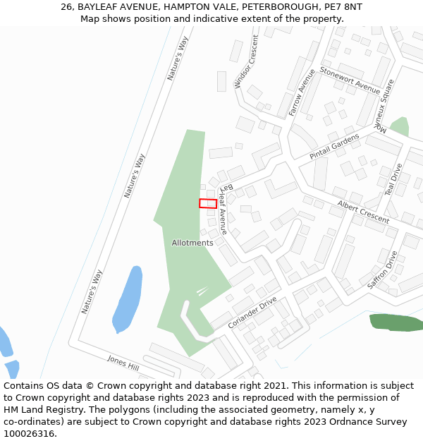 26, BAYLEAF AVENUE, HAMPTON VALE, PETERBOROUGH, PE7 8NT: Location map and indicative extent of plot