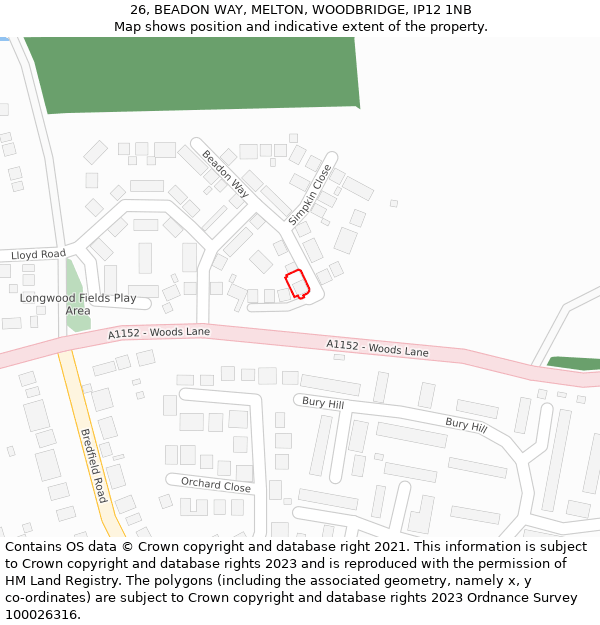 26, BEADON WAY, MELTON, WOODBRIDGE, IP12 1NB: Location map and indicative extent of plot