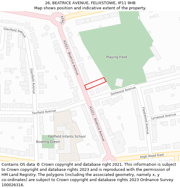 26, BEATRICE AVENUE, FELIXSTOWE, IP11 9HB: Location map and indicative extent of plot