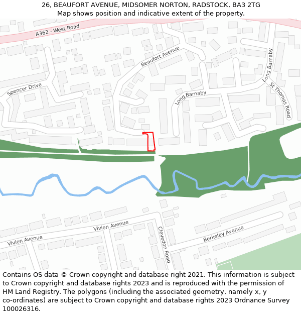 26, BEAUFORT AVENUE, MIDSOMER NORTON, RADSTOCK, BA3 2TG: Location map and indicative extent of plot