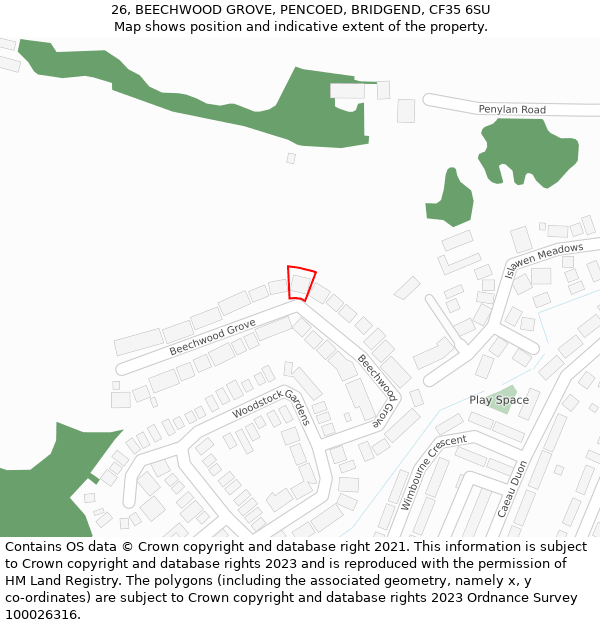 26, BEECHWOOD GROVE, PENCOED, BRIDGEND, CF35 6SU: Location map and indicative extent of plot