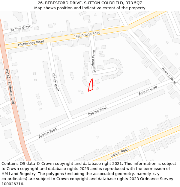 26, BERESFORD DRIVE, SUTTON COLDFIELD, B73 5QZ: Location map and indicative extent of plot