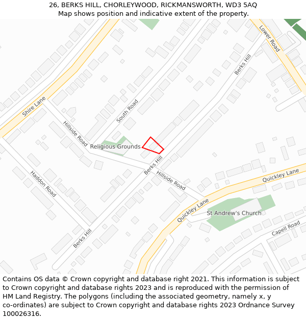 26, BERKS HILL, CHORLEYWOOD, RICKMANSWORTH, WD3 5AQ: Location map and indicative extent of plot