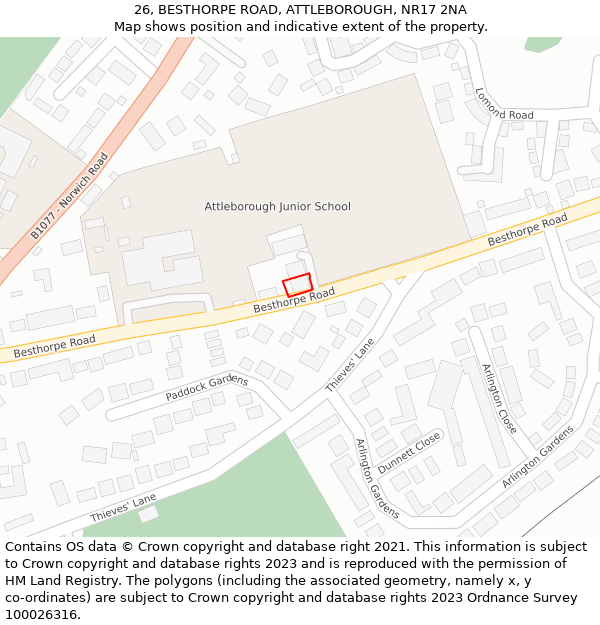 26, BESTHORPE ROAD, ATTLEBOROUGH, NR17 2NA: Location map and indicative extent of plot