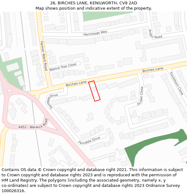 26, BIRCHES LANE, KENILWORTH, CV8 2AD: Location map and indicative extent of plot