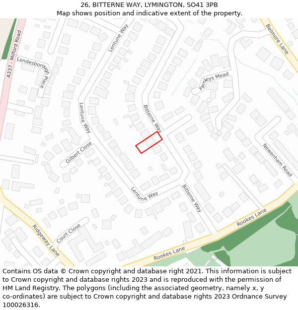 26, BITTERNE WAY, LYMINGTON, SO41 3PB: Location map and indicative extent of plot