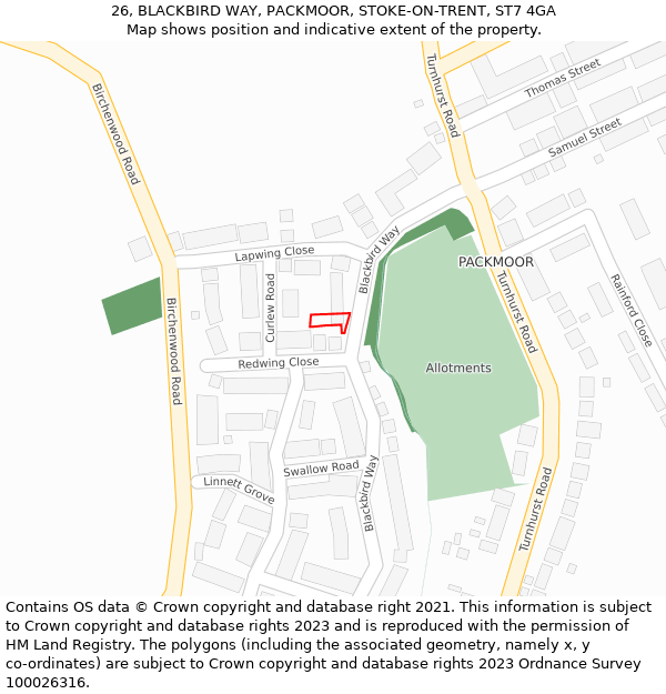 26, BLACKBIRD WAY, PACKMOOR, STOKE-ON-TRENT, ST7 4GA: Location map and indicative extent of plot
