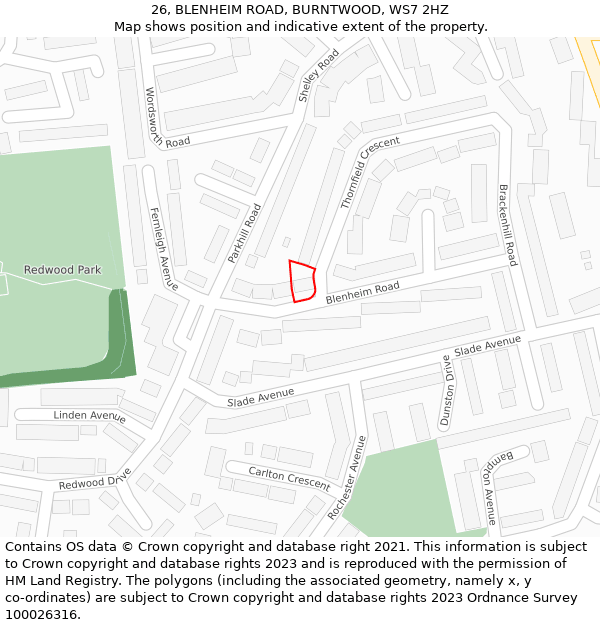 26, BLENHEIM ROAD, BURNTWOOD, WS7 2HZ: Location map and indicative extent of plot