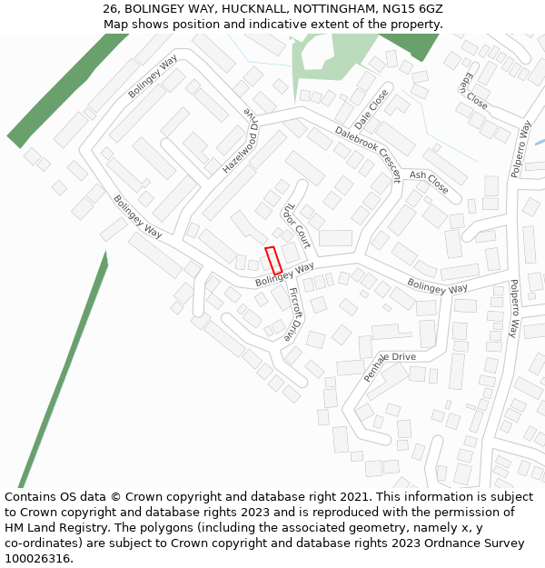 26, BOLINGEY WAY, HUCKNALL, NOTTINGHAM, NG15 6GZ: Location map and indicative extent of plot