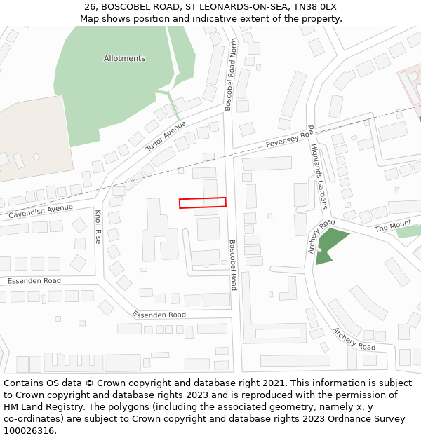 26, BOSCOBEL ROAD, ST LEONARDS-ON-SEA, TN38 0LX: Location map and indicative extent of plot