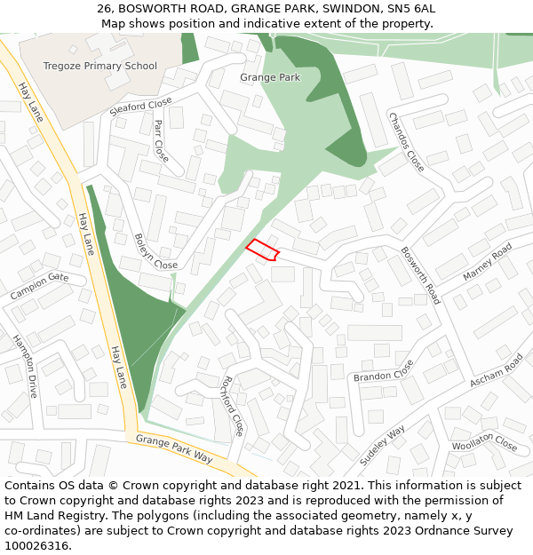 26, BOSWORTH ROAD, GRANGE PARK, SWINDON, SN5 6AL: Location map and indicative extent of plot