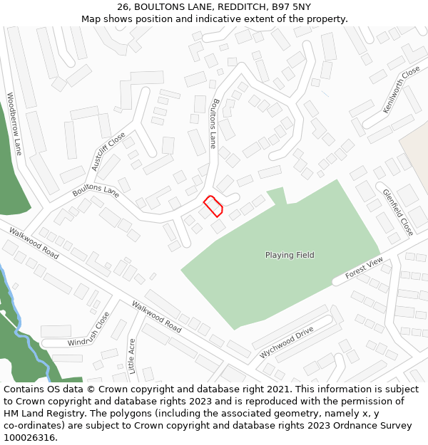 26, BOULTONS LANE, REDDITCH, B97 5NY: Location map and indicative extent of plot