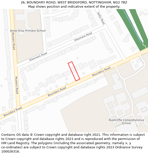 26, BOUNDARY ROAD, WEST BRIDGFORD, NOTTINGHAM, NG2 7BZ: Location map and indicative extent of plot