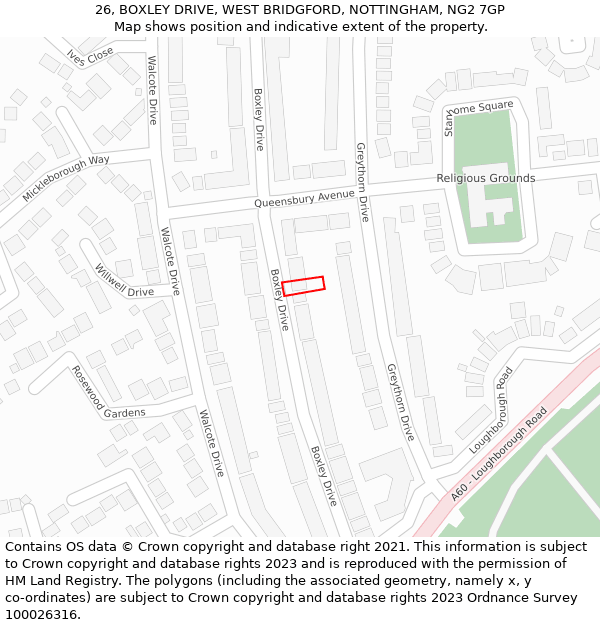 26, BOXLEY DRIVE, WEST BRIDGFORD, NOTTINGHAM, NG2 7GP: Location map and indicative extent of plot