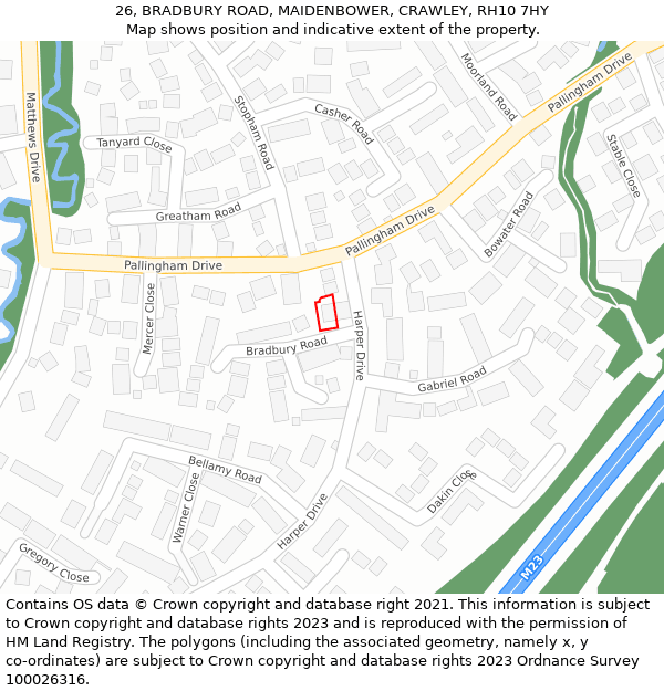 26, BRADBURY ROAD, MAIDENBOWER, CRAWLEY, RH10 7HY: Location map and indicative extent of plot