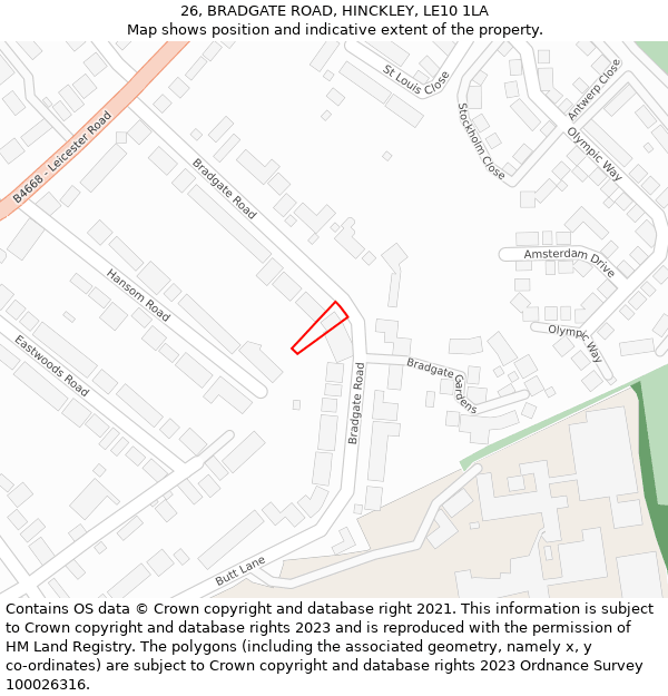 26, BRADGATE ROAD, HINCKLEY, LE10 1LA: Location map and indicative extent of plot