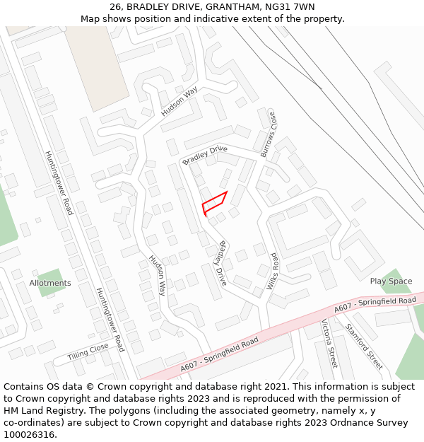 26, BRADLEY DRIVE, GRANTHAM, NG31 7WN: Location map and indicative extent of plot