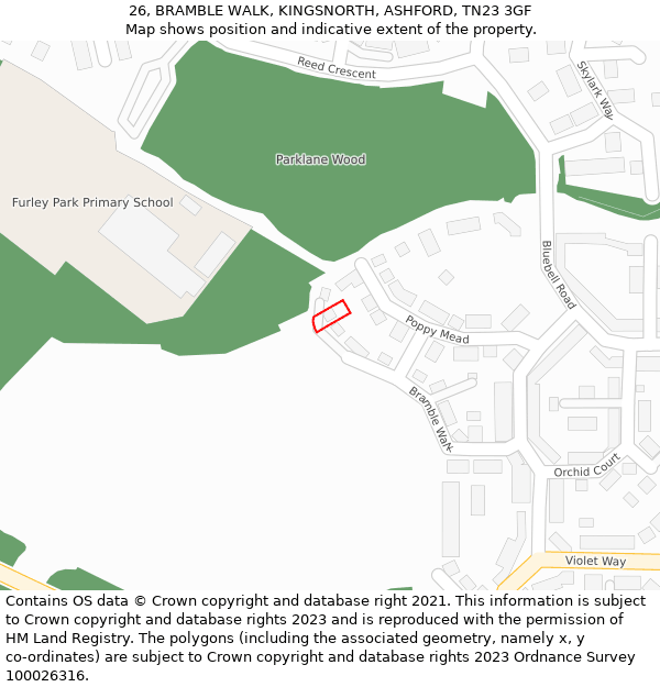 26, BRAMBLE WALK, KINGSNORTH, ASHFORD, TN23 3GF: Location map and indicative extent of plot