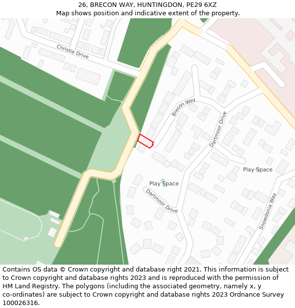26, BRECON WAY, HUNTINGDON, PE29 6XZ: Location map and indicative extent of plot