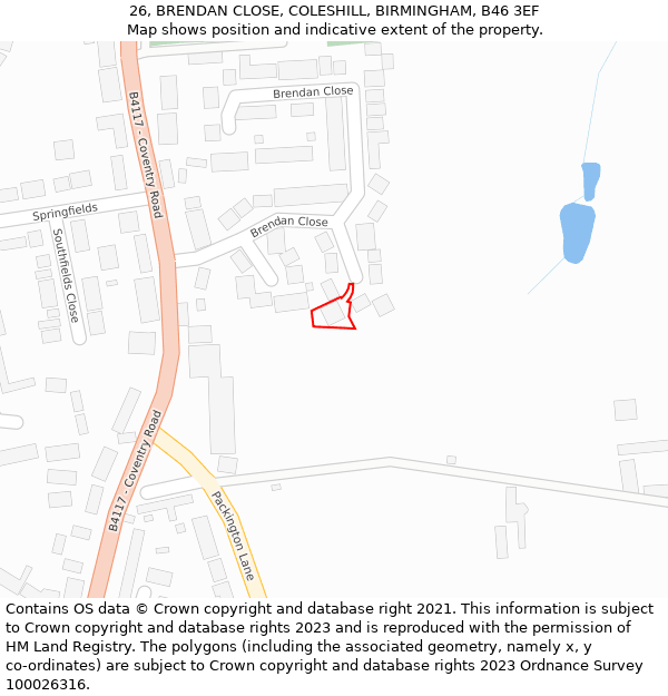 26, BRENDAN CLOSE, COLESHILL, BIRMINGHAM, B46 3EF: Location map and indicative extent of plot
