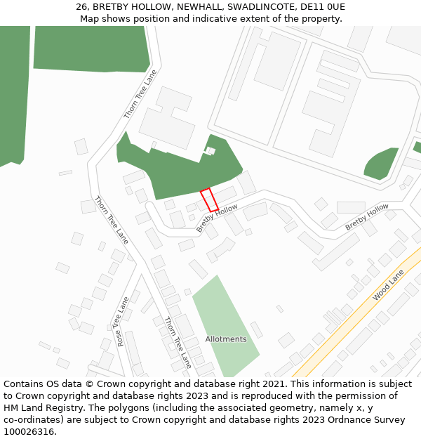 26, BRETBY HOLLOW, NEWHALL, SWADLINCOTE, DE11 0UE: Location map and indicative extent of plot