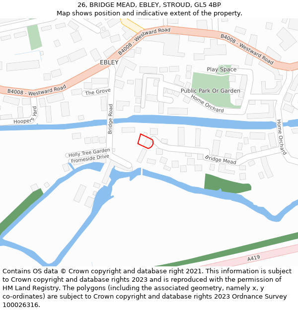 26, BRIDGE MEAD, EBLEY, STROUD, GL5 4BP: Location map and indicative extent of plot