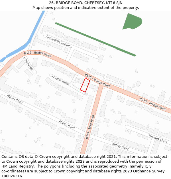26, BRIDGE ROAD, CHERTSEY, KT16 8JN: Location map and indicative extent of plot