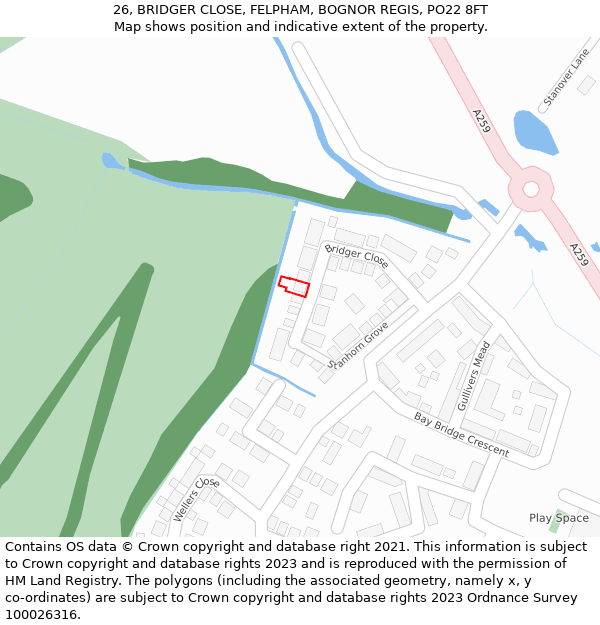 26, BRIDGER CLOSE, FELPHAM, BOGNOR REGIS, PO22 8FT: Location map and indicative extent of plot