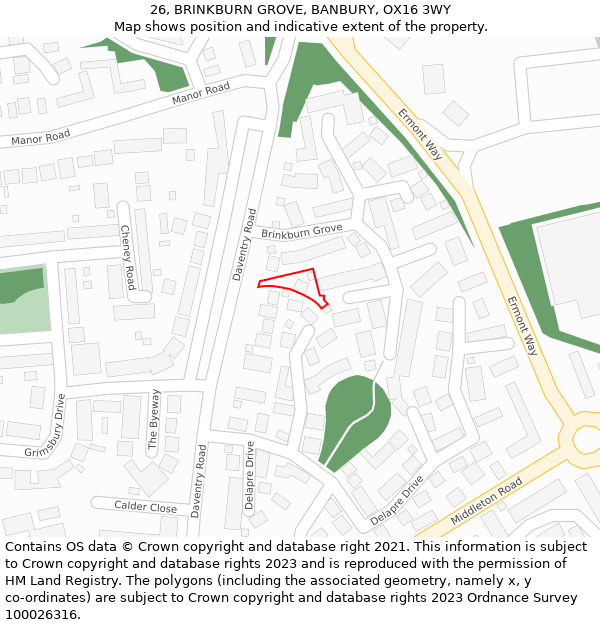 26, BRINKBURN GROVE, BANBURY, OX16 3WY: Location map and indicative extent of plot