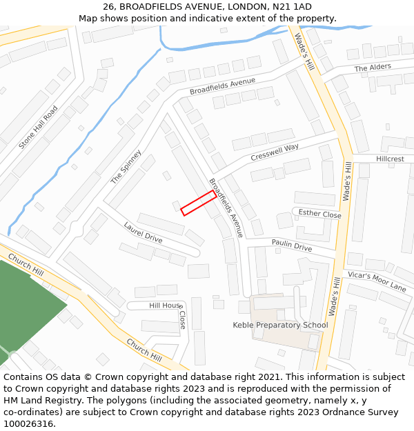 26, BROADFIELDS AVENUE, LONDON, N21 1AD: Location map and indicative extent of plot