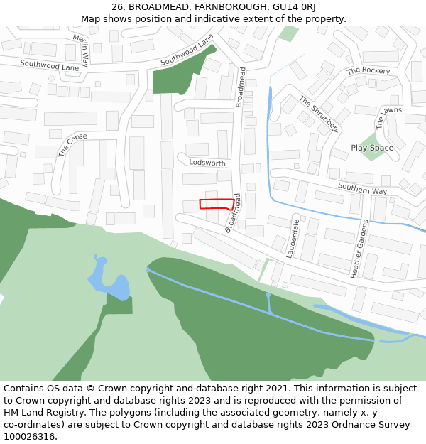 26, BROADMEAD, FARNBOROUGH, GU14 0RJ: Location map and indicative extent of plot