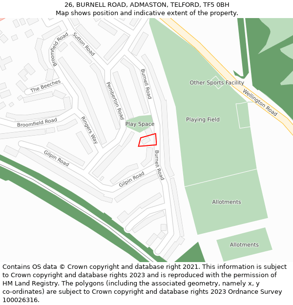 26, BURNELL ROAD, ADMASTON, TELFORD, TF5 0BH: Location map and indicative extent of plot