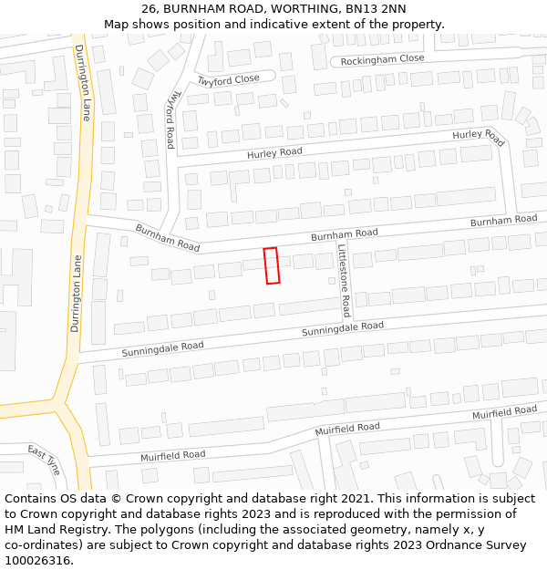 26, BURNHAM ROAD, WORTHING, BN13 2NN: Location map and indicative extent of plot