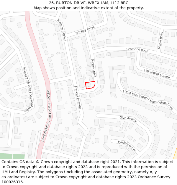 26, BURTON DRIVE, WREXHAM, LL12 8BG: Location map and indicative extent of plot