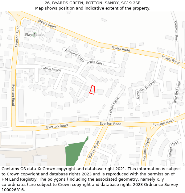 26, BYARDS GREEN, POTTON, SANDY, SG19 2SB: Location map and indicative extent of plot