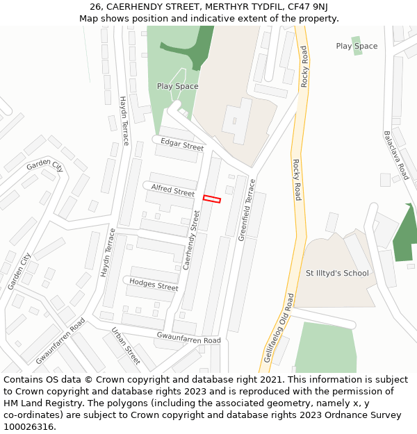 26, CAERHENDY STREET, MERTHYR TYDFIL, CF47 9NJ: Location map and indicative extent of plot