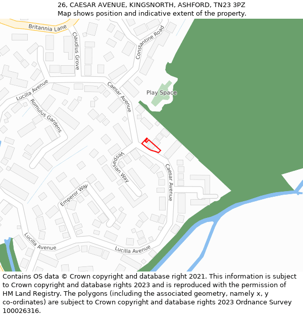 26, CAESAR AVENUE, KINGSNORTH, ASHFORD, TN23 3PZ: Location map and indicative extent of plot