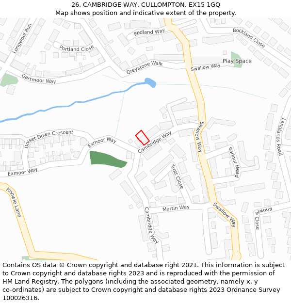 26, CAMBRIDGE WAY, CULLOMPTON, EX15 1GQ: Location map and indicative extent of plot