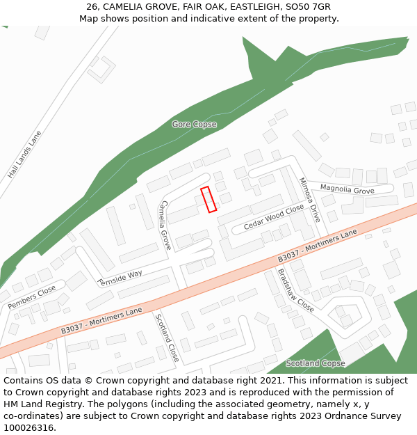 26, CAMELIA GROVE, FAIR OAK, EASTLEIGH, SO50 7GR: Location map and indicative extent of plot