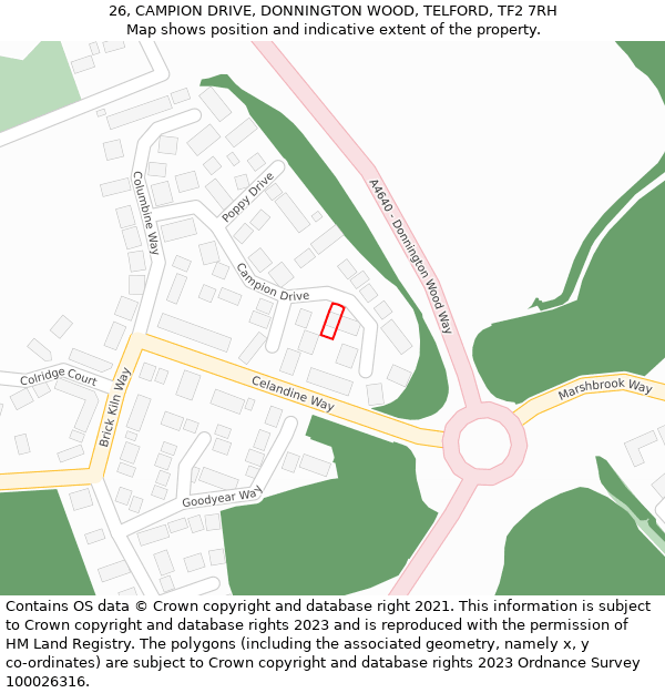 26, CAMPION DRIVE, DONNINGTON WOOD, TELFORD, TF2 7RH: Location map and indicative extent of plot
