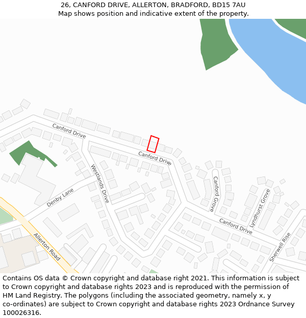 26, CANFORD DRIVE, ALLERTON, BRADFORD, BD15 7AU: Location map and indicative extent of plot