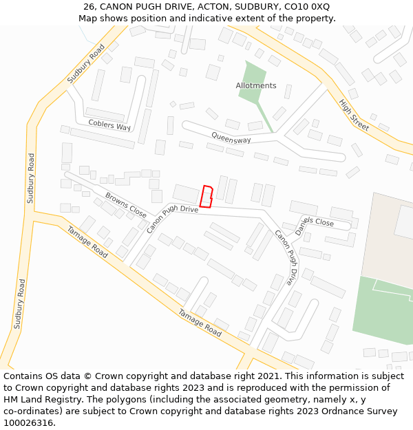 26, CANON PUGH DRIVE, ACTON, SUDBURY, CO10 0XQ: Location map and indicative extent of plot