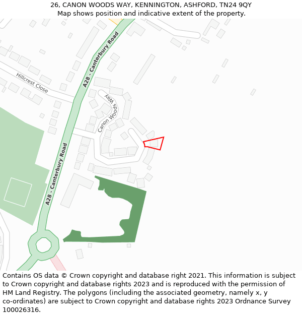 26, CANON WOODS WAY, KENNINGTON, ASHFORD, TN24 9QY: Location map and indicative extent of plot