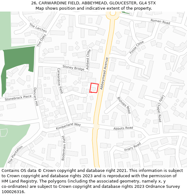 26, CARWARDINE FIELD, ABBEYMEAD, GLOUCESTER, GL4 5TX: Location map and indicative extent of plot