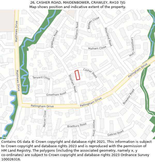 26, CASHER ROAD, MAIDENBOWER, CRAWLEY, RH10 7JG: Location map and indicative extent of plot